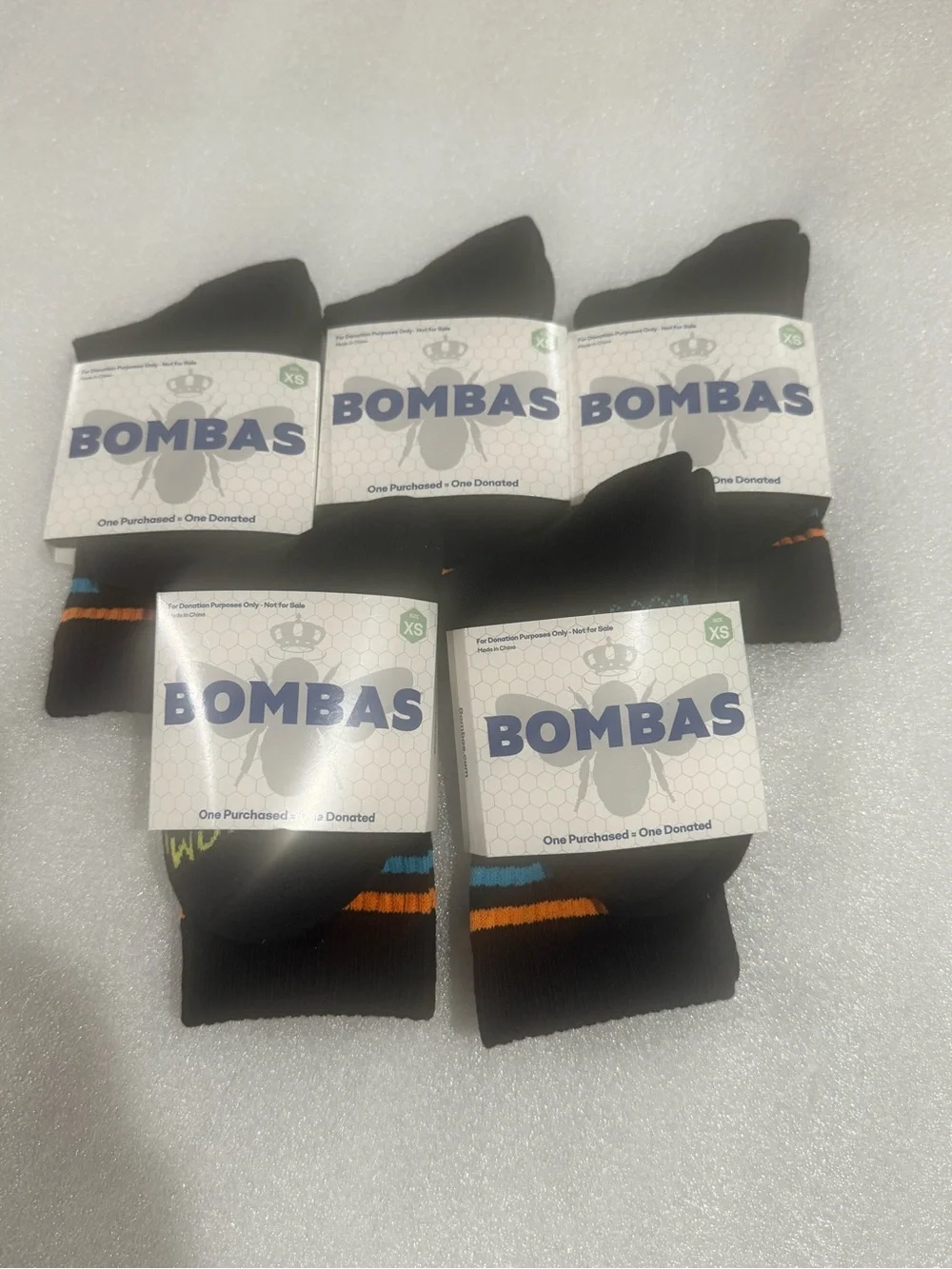 5 Pairs Bombas Kids Crew Athletic Socks - Black with Blue & Orange Stripes
